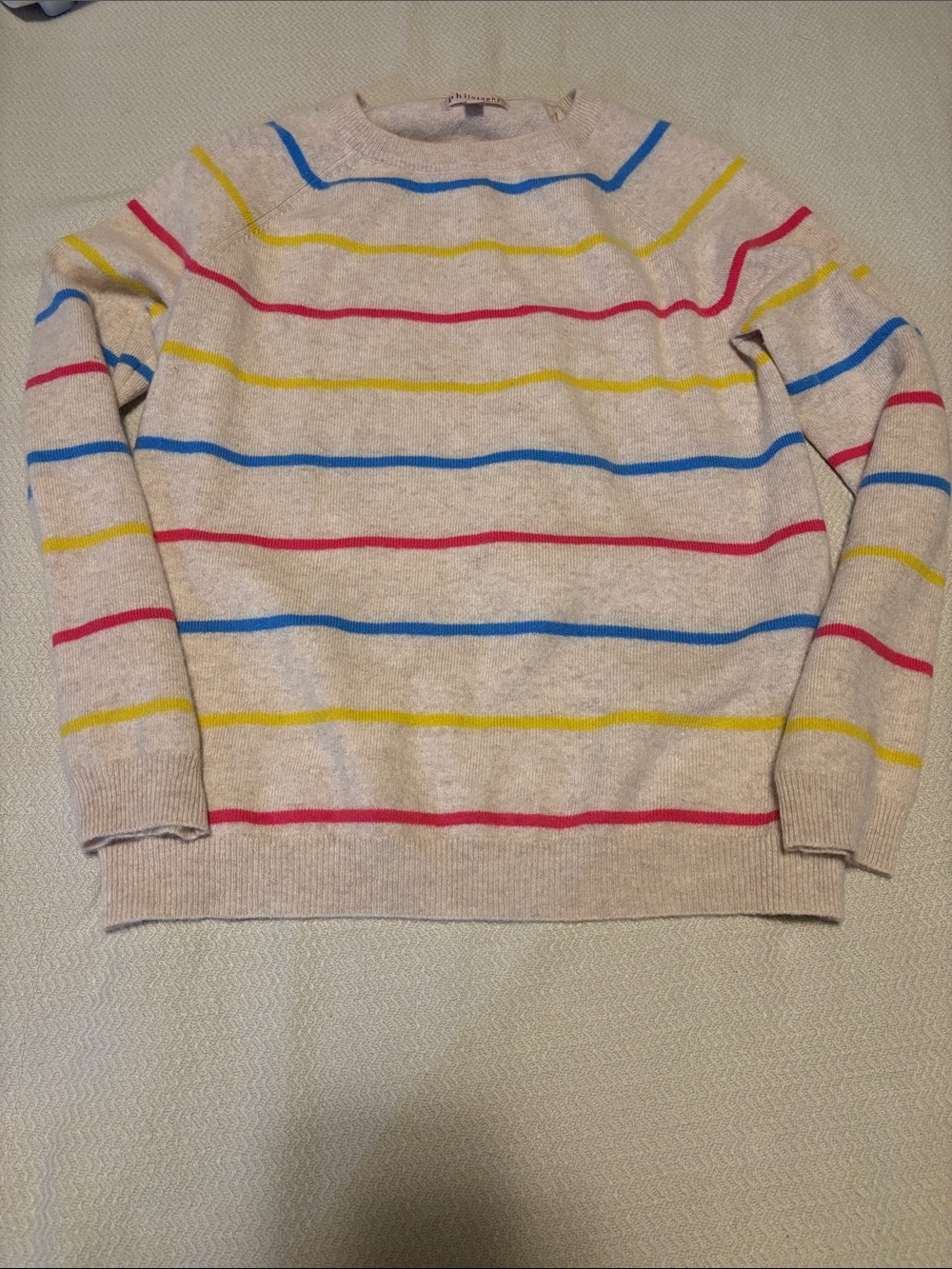 Philosophy cashmer Cream Striped Crewneck Sweater with Red, rBlue & Yellow Lines